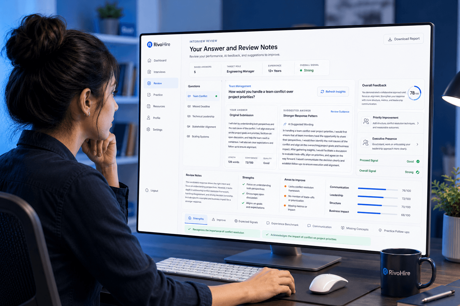 RivoHire interview review report with answer scorecard, improvement notes, and practice follow-up questions